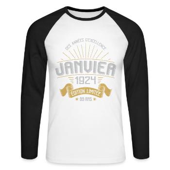 Des Années D'excellence Janvier 1924 99 Ans - T-shirt baseball manches longues Homme - blanc/noir - Devant - Nik (191cm)