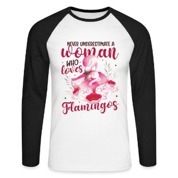 Unterschätze niemals eine Frau, die Flamingo liebt - Unisex Baseballshirt langarm - Weiß/Schwarz - Vorne - Nik (191cm)