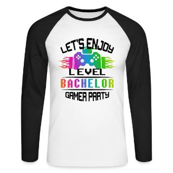 Level BACHELOR keep calm and game on - Unisex Baseballshirt langarm - Weiß/Schwarz - Vorne - Nik (191cm)