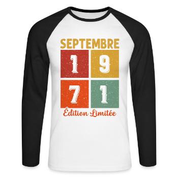Septembre 1971 Cadeau D'anniversaire - T-shirt baseball manches longues Homme - blanc/noir - Devant - Nik (191cm)