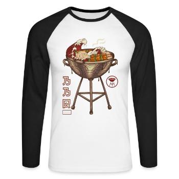 Barbecue - BBQ - Grilling - Japanese Ramen Style - Unisex Baseballshirt langarm - Weiß/Schwarz - Vorne - Nik (191cm)