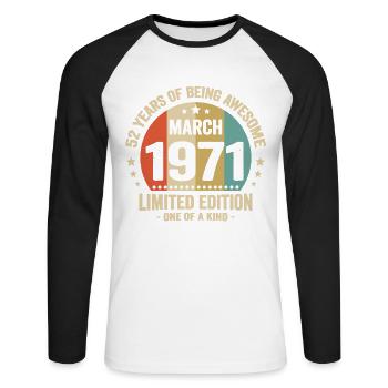 Anniversaire Vintage Idée Cadeau Mars 52 - T-shirt baseball manches longues Homme - blanc/noir - Devant - Nik (191cm)