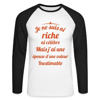 Je ne Suis Ni Riche Ni Célèbre Humour - T-shirt baseball manches longues Homme - blanc/noir - Devant - Nik (191cm)