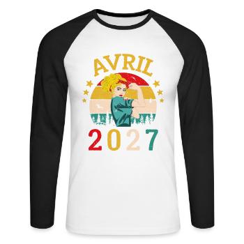Avril 2027 Anniversaire Vintage Happy Birthday - T-shirt baseball manches longues Homme - blanc/noir - Devant - Nik (191cm)