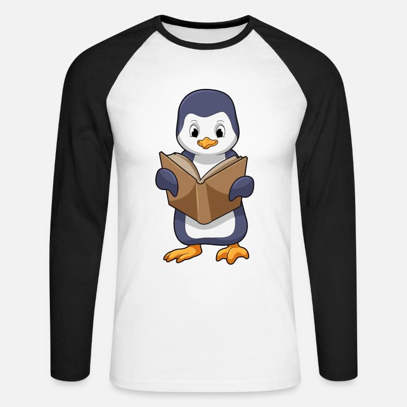 Pinguino come un nerd con un libro - Maglia da baseball a manica lunga da uomo - bianco/nero