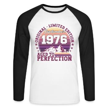 Original September 1976 46th Birthday Gift - Unisex Long Sleeve Baseball T-Shirt - white/black - Front - Nik (191cm)
