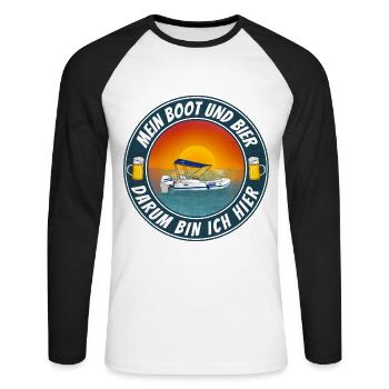 Mein Boot und Bier darum bin ich hier - Unisex Baseballshirt langarm - Weiß/Schwarz - Vorne - Nik (191cm)