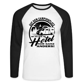 Camping - Wohnmobil - Wohnwagen - Campingfreunde - Unisex Baseballshirt langarm - Weiß/Schwarz - Vorne - Nik (191cm)