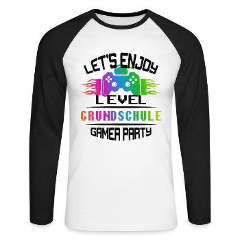 Level GRUNDSCHULE keep calm and game on - Unisex Baseballshirt langarm - Weiß/Schwarz - Vorne - Nik (191cm)