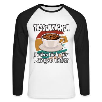 Tassenkuchen - Frühstück für Langschläfer Spruch - Unisex Baseballshirt langarm - Weiß/Schwarz - Vorne - Nik (191cm)