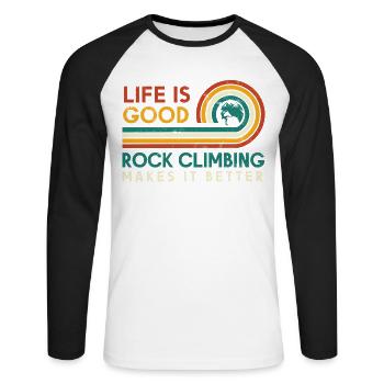 Life is good. Climbing makes it better - Unisex Long Sleeve Baseball T-Shirt - white/black - Front - Nik (191cm)