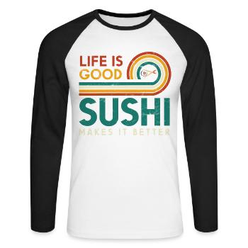 La vie est bonne Les sushis le rendent meilleur pour les sushis - T-shirt baseball manches longues Homme - blanc/noir - Devant - Nik (191cm)
