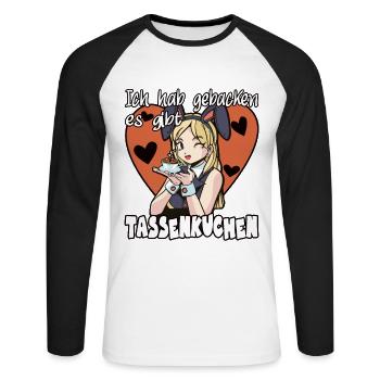 Ich hab gebacken es gibt Tassenkuchen Anime spruch - Unisex Baseballshirt langarm - Weiß/Schwarz - Vorne - Nik (191cm)