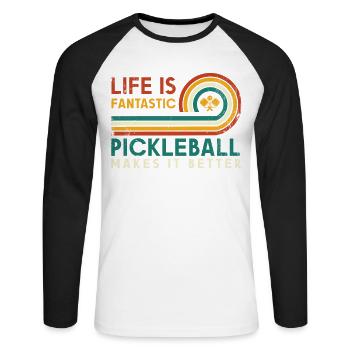 Life is amazing, Pickleball does it - Unisex Long Sleeve Baseball T-Shirt - white/black - Front - Nik (191cm)