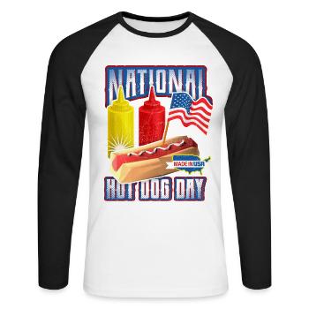 Hot Dog Saying, Journée nationale du hot-dog - T-shirt baseball manches longues Homme - blanc/noir - Devant - Nik (191cm)