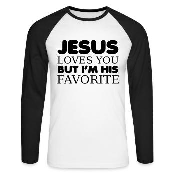 Jésus t’aime mais je suis son drôle préféré - T-shirt baseball manches longues Homme - blanc/noir - Devant - Nik (191cm)