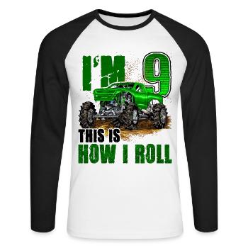 Kids 9th Birthday Monster Truck For Boys & Girls 9 - Unisex Long Sleeve Baseball T-Shirt - white/black - Front - Nik (191cm)