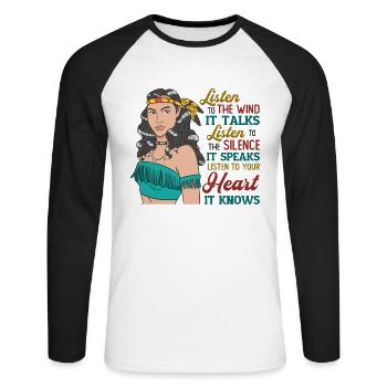 Wind Talks Silence Speaks Heart Knows Indians - Unisex Long Sleeve Baseball T-Shirt - white/black - Front - Nik (191cm)