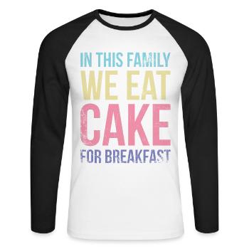 Dans cette famille, nous mangeons du gâteau à la boulangerie ou - T-shirt baseball manches longues Homme - blanc/noir - Devant - Nik (191cm)