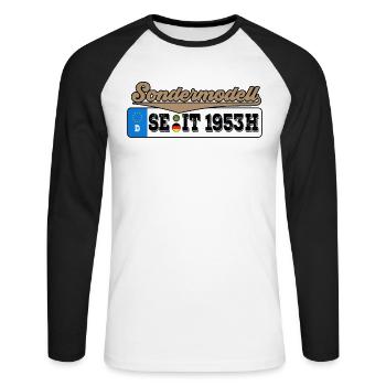 1953 Kennzeichen Geburtstag - Unisex Baseballshirt langarm - Weiß/Schwarz - Vorne - Nik (191cm)