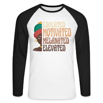 Gebildet, Motiviert, Melanisiert, Stolz - Unisex Baseballshirt langarm - Weiß/Schwarz - Vorne - Nik (191cm)