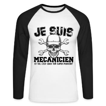 Je suis mécanicien super pouvoir - T-shirt baseball manches longues Homme - blanc/noir - Devant - Nik (191cm)
