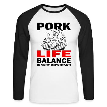 Pork Life Balance - Viande - Grillades - Steak - T-shirt baseball manches longues Homme - blanc/noir - Devant - Nik (191cm)