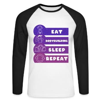 Manger Musculation Sommeil Répéter - T-shirt baseball manches longues Homme - blanc/noir - Devant - Nik (191cm)