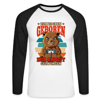 Zum Zocken Geboren Zum Arbeiten Gezwungen - Unisex Baseballshirt langarm - Weiß/Schwarz - Vorne - Nik (191cm)