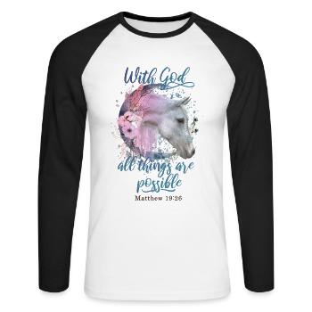Christian Quotes Horses - Unisex Long Sleeve Baseball T-Shirt - white/black - Front - Nik (191cm)