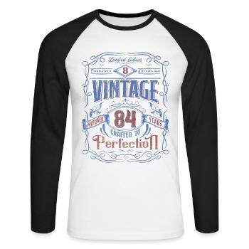 Vintage Crafted To Perfection 84th Birthday - Unisex Long Sleeve Baseball T-Shirt - white/black - Front - Nik (191cm)