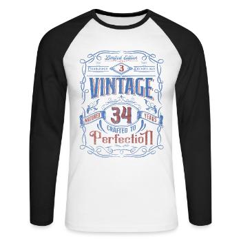 Vintage Crafted To Perfection 34th Birthday - Unisex Baseballshirt langarm - Weiß/Schwarz - Vorne - Nik (191cm)