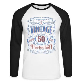 Vintage Crafted To Perfection 50th Birthday - Unisex Baseballshirt langarm - Weiß/Schwarz - Vorne - Nik (191cm)
