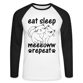 Cat Lover - Eat Sleep Meeeoww Repeat - Katzenbesit - Unisex Baseballshirt langarm - Weiß/Schwarz - Vorne - Nik (191cm)