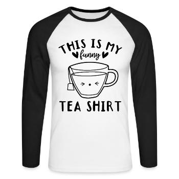 Tee-Liebhaber - Das ist mein lustiges Tee-Shirt - - Unisex Baseballshirt langarm - Weiß/Schwarz - Vorne - Nik (191cm)