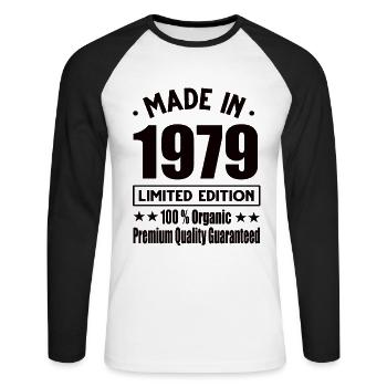 Made in 1979 Vintage Retro Limited Edition - Unisex Baseballshirt langarm - Weiß/Schwarz - Vorne - Nik (191cm)