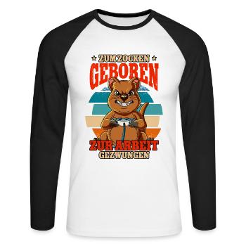 Zum Zocken Geboren Zum Arbeiten Gezwungen - Unisex Baseballshirt langarm - Weiß/Schwarz - Vorne - Nik (191cm)