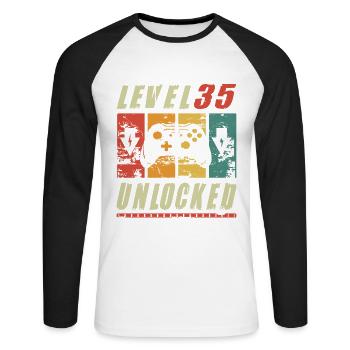 Niveau 35 Joueur débloqué présentant un cadeau de 35e anniversaire - T-shirt baseball manches longues Homme - blanc/noir - Devant - Nik (191cm)