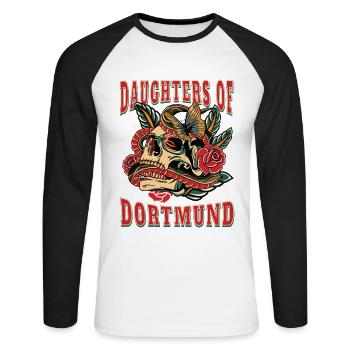 Dortmund Frau Geschenk daughters of Dortmund - Unisex Baseballshirt langarm - Weiß/Schwarz - Vorne - Nik (191cm)
