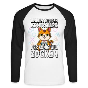 Videospiel Gaming Katze Zocken - Unisex Baseballshirt langarm - Weiß/Schwarz - Vorne - Nik (191cm)