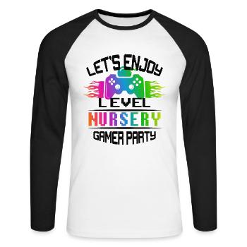 Level NURSERY keep calm and game on - Unisex Long Sleeve Baseball T-Shirt - white/black - Front - Nik (191cm)