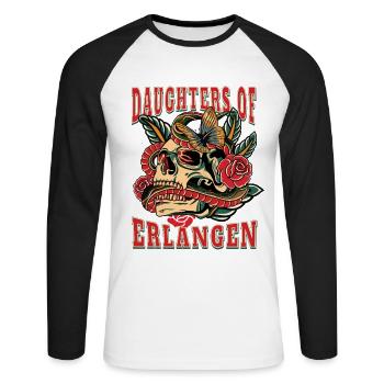 Erlangen Power-Frau daughters of Erlangen - Unisex Baseballshirt langarm - Weiß/Schwarz - Vorne - Nik (191cm)