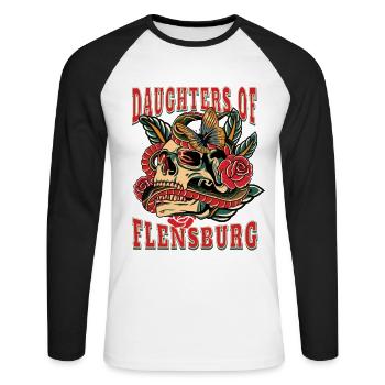 Flensburg Frau Geschenk daughters of Flensburg - Unisex Baseballshirt langarm - Weiß/Schwarz - Vorne - Nik (191cm)