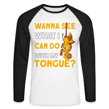 Vous voulez voir ce que je peux faire avec ma langue? - T-shirt baseball manches longues Homme - blanc/noir - Devant - Nik (191cm)