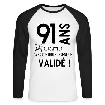 91 ans validé - T-shirt baseball manches longues Homme - blanc/noir - Devant - Nik (191cm)