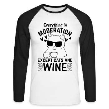 Drôles de chats I Tout avec modération sauf les chats et le vin - T-shirt baseball manches longues Homme - blanc/noir - Devant - Nik (191cm)