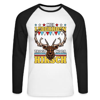 Mei Lederhosn Trogt No Da Hirsch - Unisex Baseballshirt langarm - Weiß/Schwarz - Vorne - Nik (191cm)