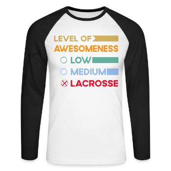 Level of Awesomeness Low Medium Lacrosse - Unisex Long Sleeve Baseball T-Shirt - white/black - Front - Nik (191cm)