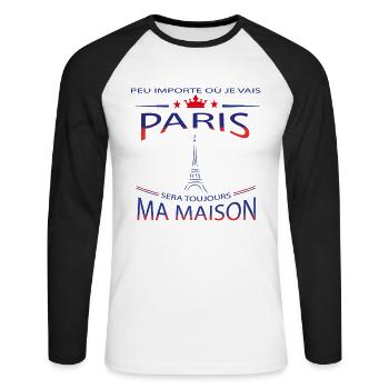 Paris ma maison humour cadeau - T-shirt baseball manches longues Homme - blanc/noir - Devant - Nik (191cm)