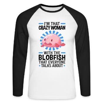 Crazy woman with the blobfish - Unisex Long Sleeve Baseball T-Shirt - white/black - Front - Nik (191cm)